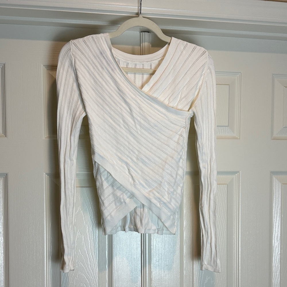 Theory White Asymmetrical Ribbed Long Sleeve Top